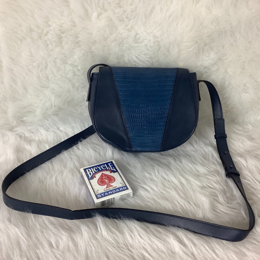 Vince Blue Modern V Lizard Embossed Small Crossbody Saddle Bag